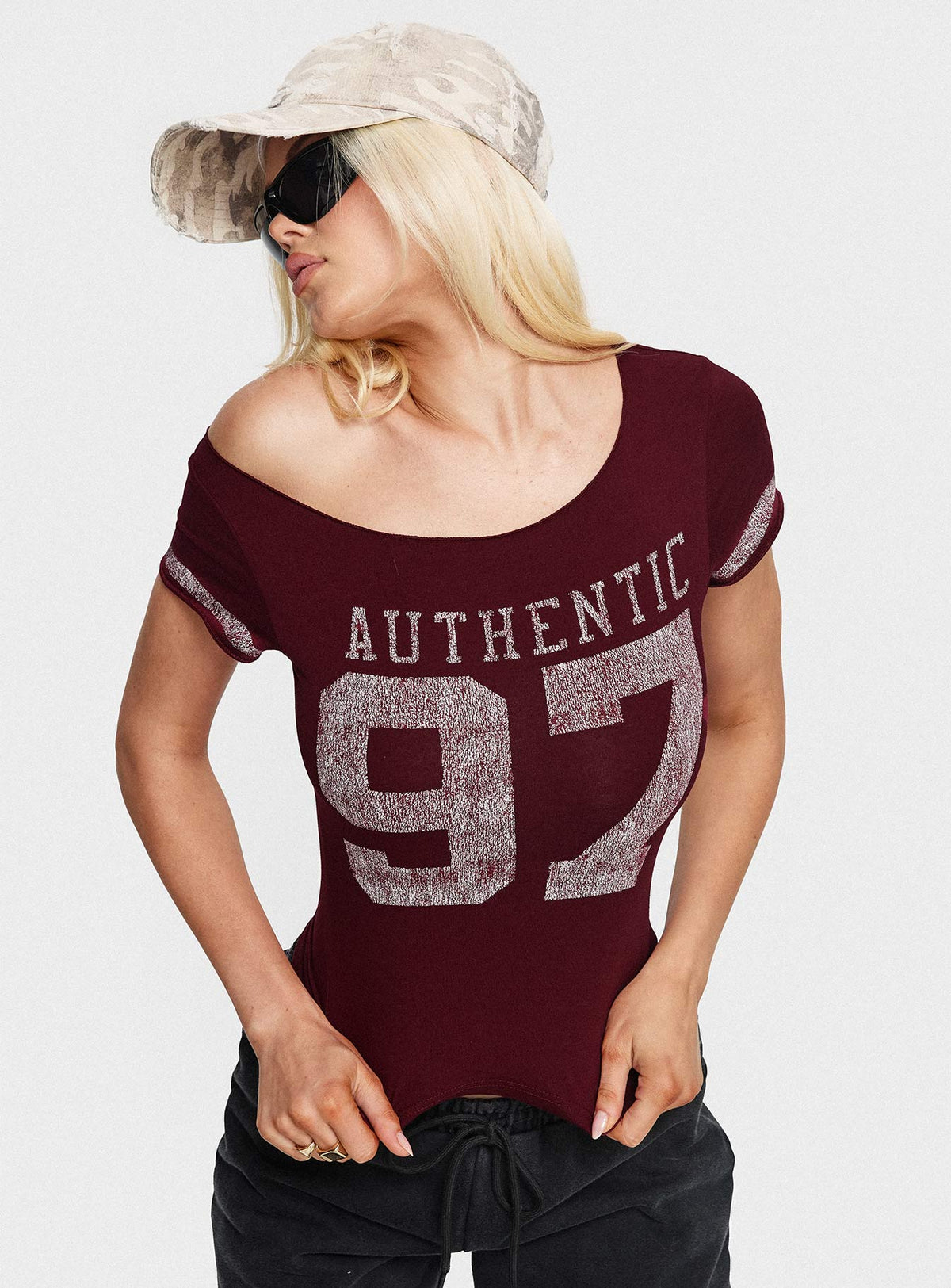 97 Authentic Off Shoulder Graphic Top Maroon
