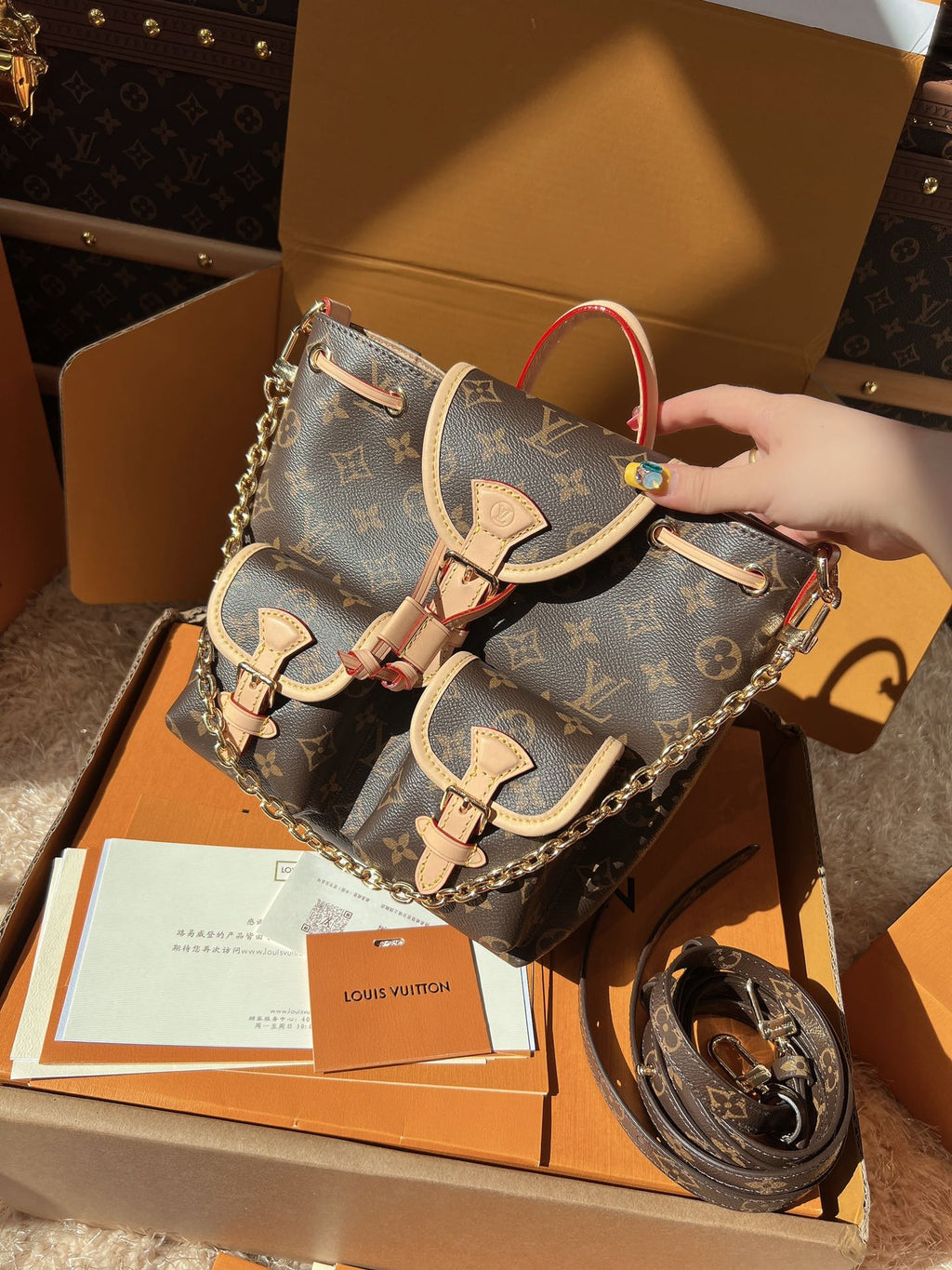 LV Excursion PM Monogram Canvas Backpack Shoulder Bag with Leather Trim and Drawstring Closure (21 x 23 x 10) cm