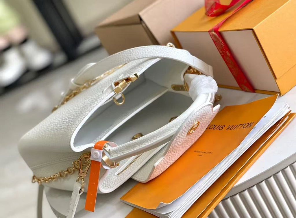 LV Capucines MM Taurillon Leather Handle Shoulder Bag with White Flower Strap (31.5 x 20 x 11) cm