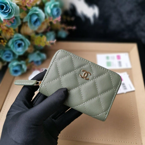 Chanel Quilted Caviar Leather Wallet with CC Logo and Zip Closure