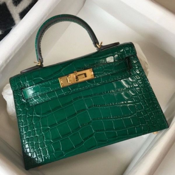 HERM Kelly Mini II Bag In Green Embossed Crocodile Leather