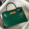 HERM Kelly Mini II Bag In Green Embossed Crocodile Leather